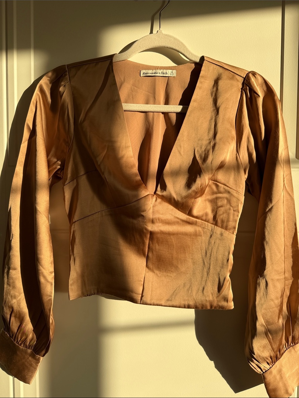 Abercrombie & Fitch Copper-Tone Satin V-Neck Long Sleeve Blouse